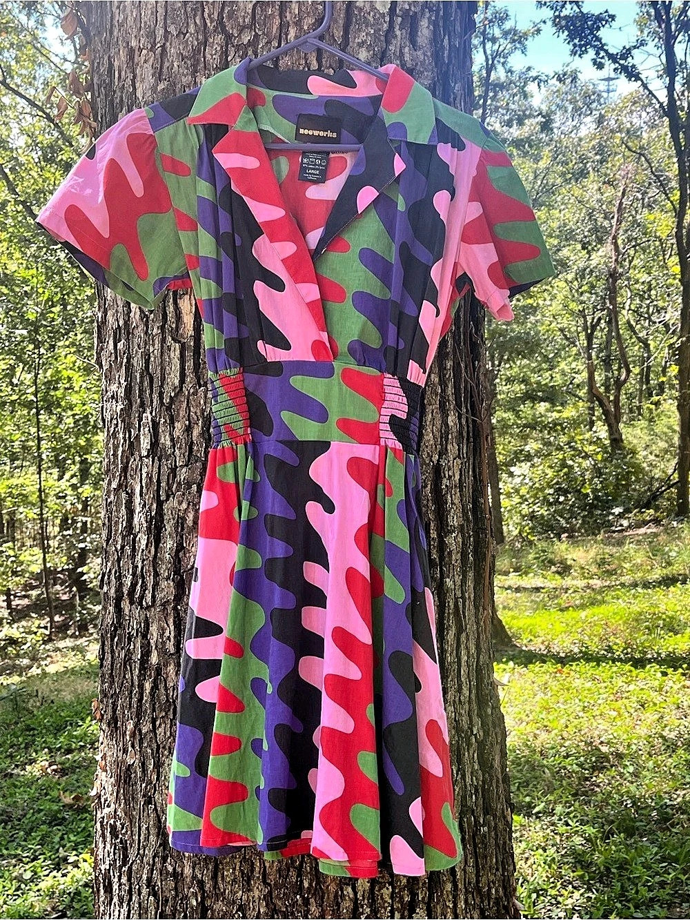 NOOWORKS Large Leah- Abstract Print Mini Dress in pink, purple, red, black, gree